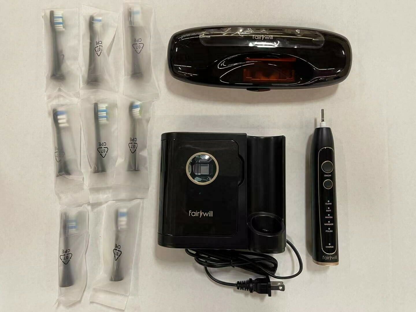Fairywill Sonic Electric Toothbrush Set W/UV Sanitizer, Travel Case, 8