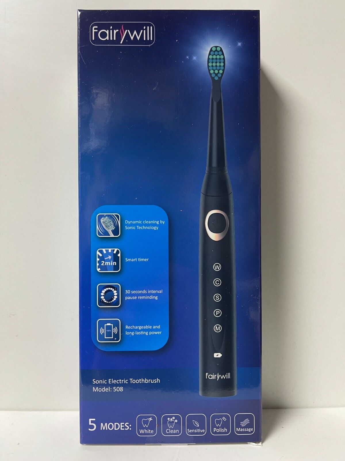 FAIRYWILL SONIC ELECTRIC TOOTHBRUSH 508 BLACK FW508 USB CHARGE RECHAR