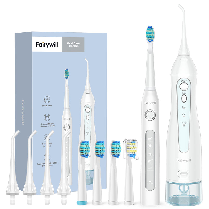 Fairywill Water Flosser and Electric Toothbrush Combo for Braces Bridges Care, White