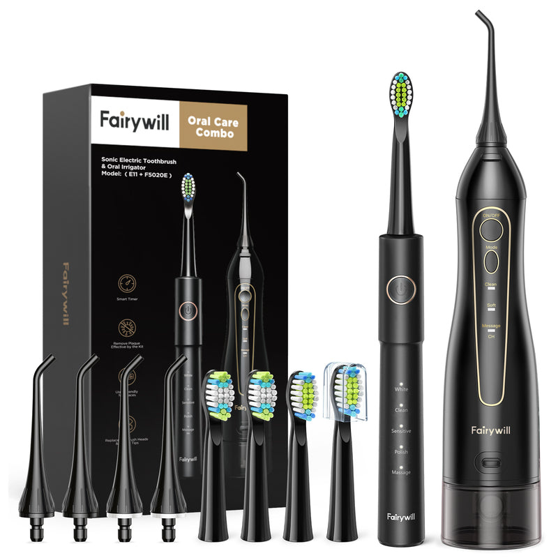 Fairywill Water Flosser and Toothbrush Combo , 5 Modes and 4 Toothbrushes & 3 Modes and 4 Jet Tips Oral Irrigator for Braces Bridges Care