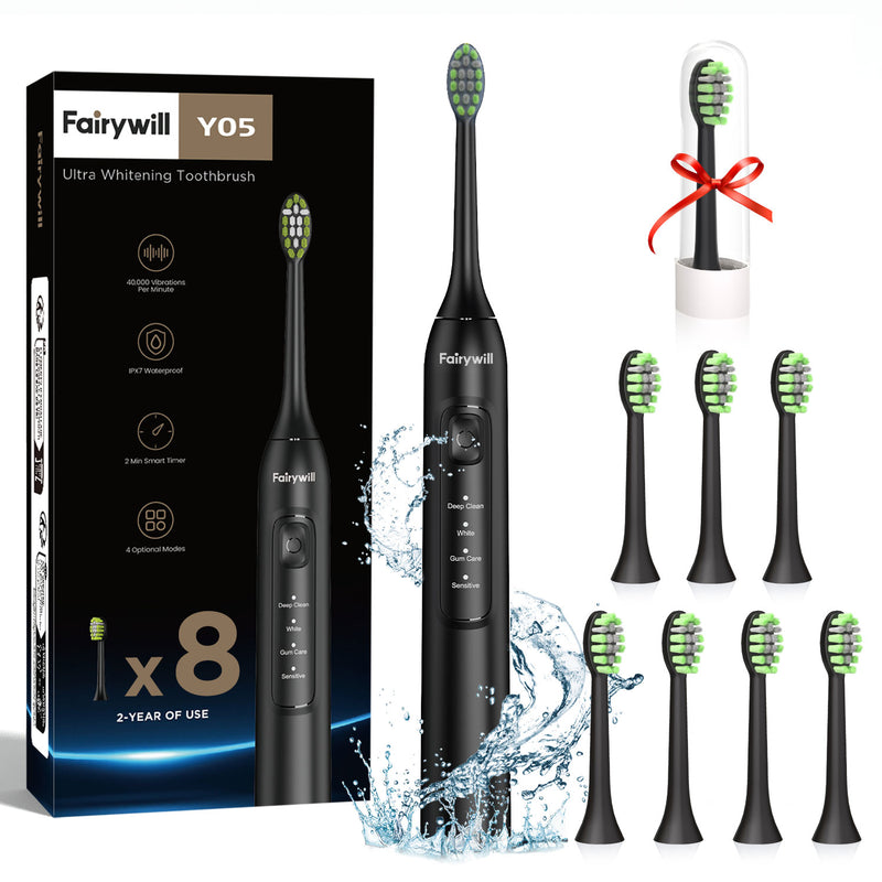 Fairywill Ultrasonic Electric Toothbrush,42000HZ/min Vibrations 8pcs Rechargeable Heads for Adults,4h Full Charge for 100Days,2min Build in Smart Timer, Black