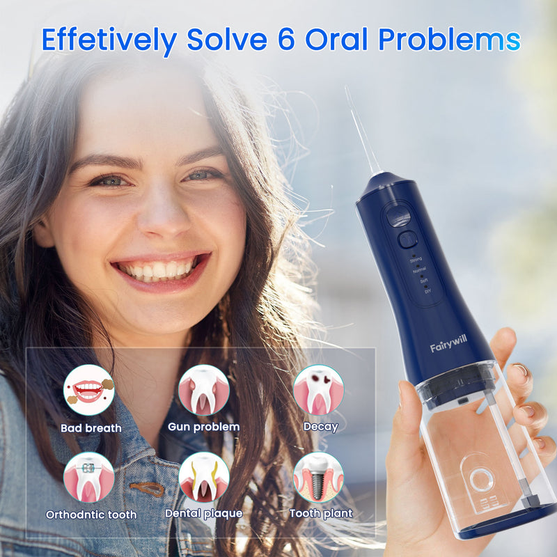 Fairywill Cordless Water Flosser, Dental Oral Irrigator 300ML Electric Teeth Cleaner, 4 Modes, 50 Days Use, IPX7 Waterproof, 6 Tips Rechargeable Water Dental Picks for Teeth Cleaning, Blue