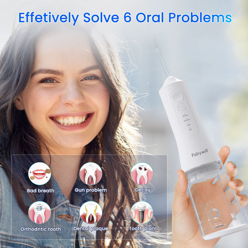 Fairywill Cordless Water Flosser, Dental Oral Irrigator 300ML Electric Teeth Cleaner, 4 Modes, 50 Days Use, IPX7 Waterproof, 6 Tips Rechargeable Water Dental Picks for Teeth Cleaning, White