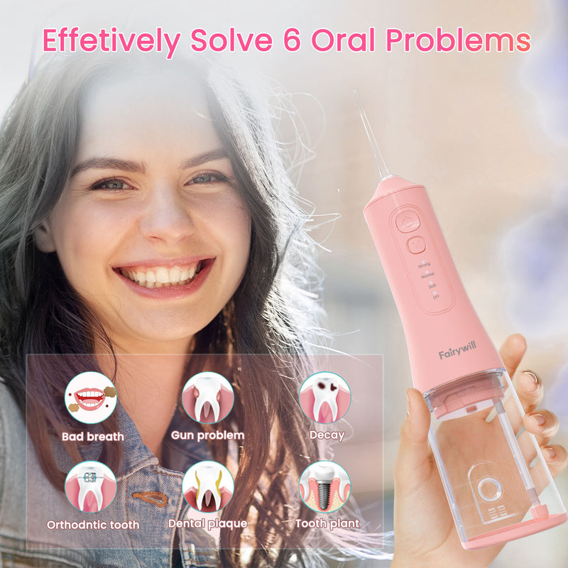 Fairywill Cordless Water Flosser, Dental Oral Irrigator 300ML Electric Teeth Cleaner, 4 Modes, 50 Days Use, IPX7 Waterproof, 6 Tips Rechargeable Water Dental Picks for Teeth Cleaning, Pink
