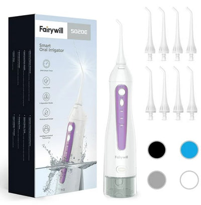 Fairywill Cordless Water Flosser with 8 Jet Tips, Portable Oral Irrigator Teeth Cleaner, 300ML Rechargeable Electric Oral Hygiene Flossing, 5020E, Purple