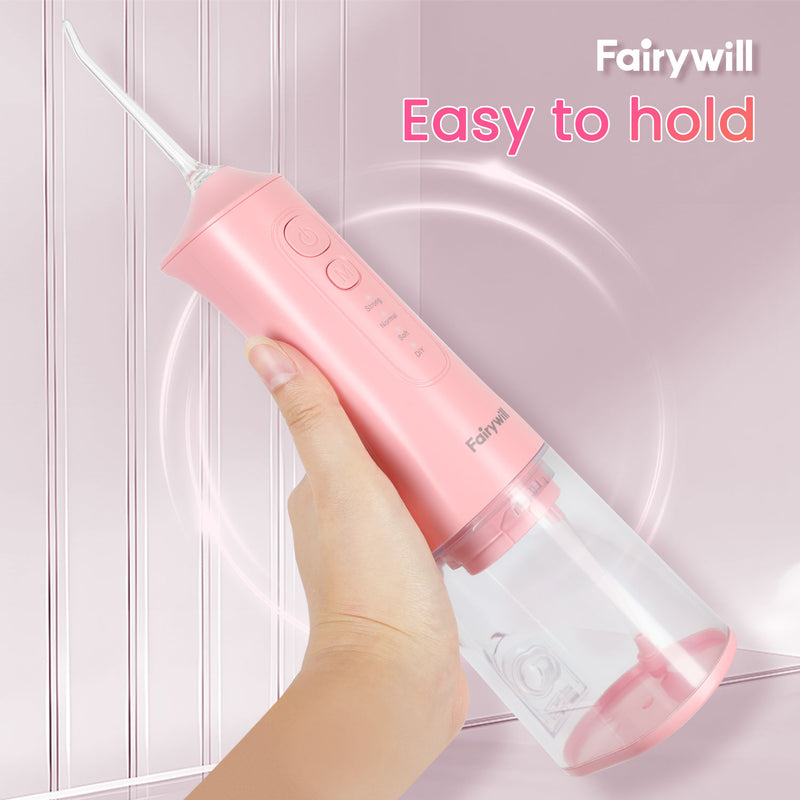 Fairywill Cordless Water Flosser, Dental Oral Irrigator 300ML Electric Teeth Cleaner, 4 Modes, 50 Days Use, IPX7 Waterproof, 6 Tips Rechargeable Water Dental Picks for Teeth Cleaning, Pink