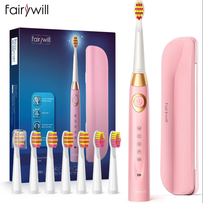 Fairywill Electric Toothbrush Rechargeable USB Charge Waterproof 8 Brushes Replacement Heads for Adults and Teen, Pink