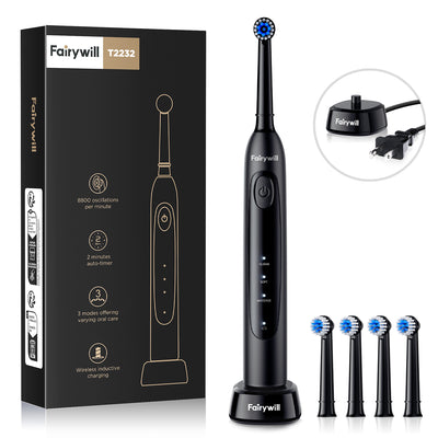 Fairywill Rotating Electric Toothbrush for Adults, Rechargeable Spin Ultrasonic Toothbrush with Plug-in Charging,4 Brush Heads, Black