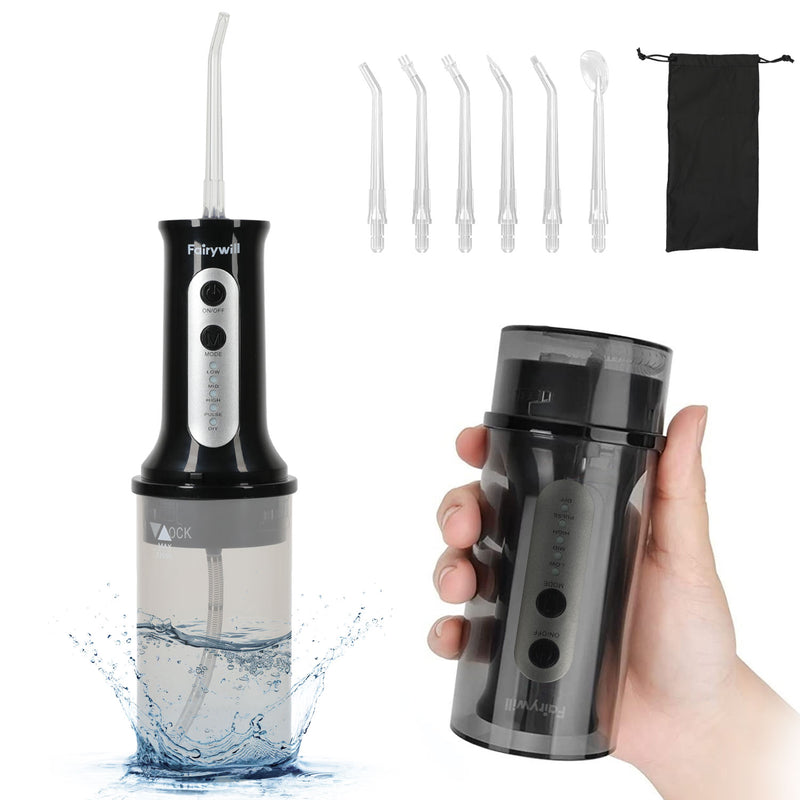 Fairywill Water Dental Flosser Cordless for Teeth: Portable Oral Irrigator Rechargeable Collapsible Travel Teeth Cleaner, 5 Modes with DIY, 6 Jet Tips, IPX7 Waterproof for Teeth Cleaning