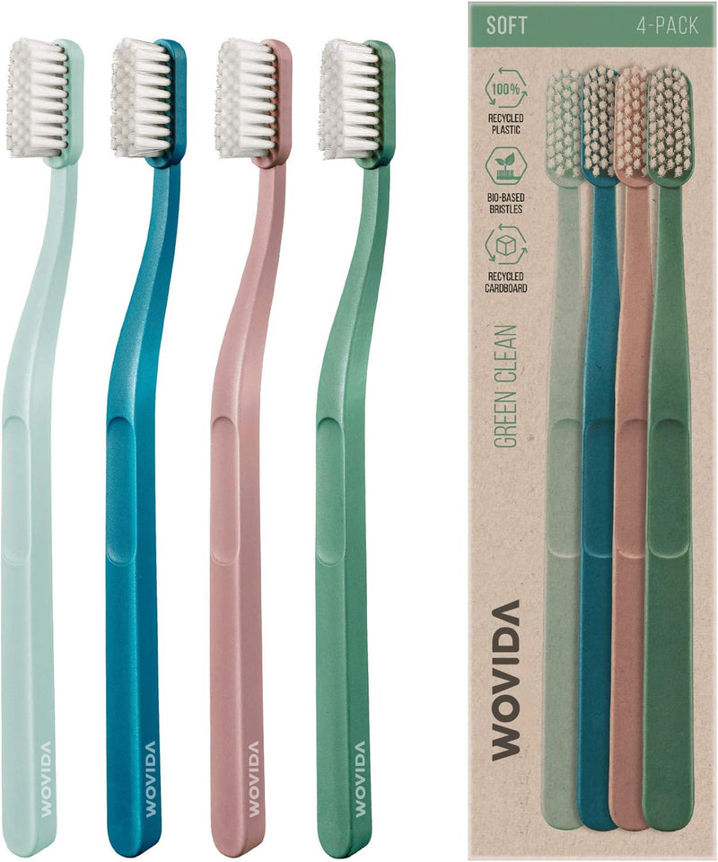 Wovida Manual Toothbrush - Sustainable, Eco-Friendly Scandinavian Design, Soft Bristles, Mixed Colors, 4 Units