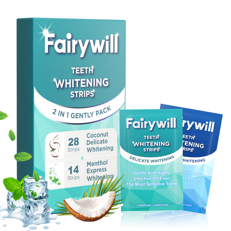 Fairywill Teeth Whitening Strip Kits,28 Strips for Cocounut Delicate and 14 Menthol Express Whitenings, 42pcs Strips Available 21Treatments,Effective Removes Stains, Non-Slip Whiter Gentle and Safe