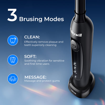 Fairywill Rotating Electric Toothbrush for Adults, Rechargeable Spin Ultrasonic Toothbrush with Plug-in Charging,4 Brush Heads, Black