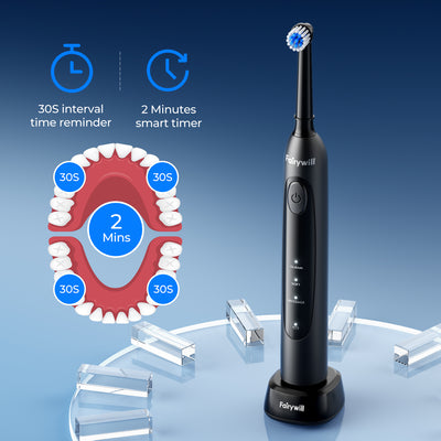 Fairywill Rotating Electric Toothbrush for Adults, Rechargeable Spin Ultrasonic Toothbrush with Plug-in Charging,4 Brush Heads, Black