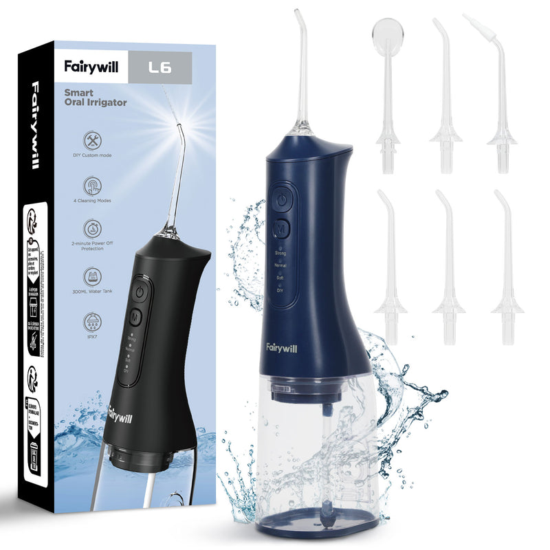 Fairywill Cordless Water Flosser, Dental Oral Irrigator 300ML Electric Teeth Cleaner, 4 Modes, 50 Days Use, IPX7 Waterproof, 6 Tips Rechargeable Water Dental Picks for Teeth Cleaning, Blue