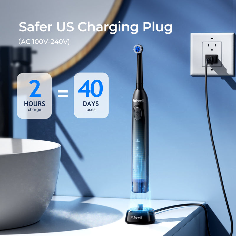 Fairywill Rotating Electric Toothbrush for Adults, Rechargeable Spin Ultrasonic Toothbrush with Plug-in Charging,4 Brush Heads, Black