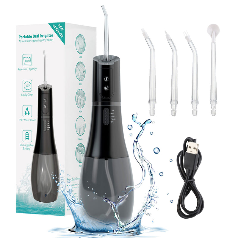 Fairywill Water Flosser for Teeth, Dental Oral Irrigator Teeth Cleaner with 5 Adjustable Modes, 400ML Water Tank, IPX8 Waterproof, Cordless Quiet Professional Electric Flosser for Braces Care, Black