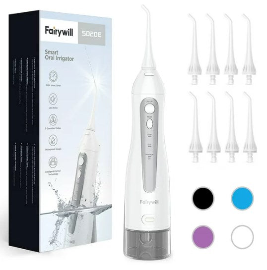 Fairywill Cordless Water Flosser with 8 Jet Tips, Portable Oral Irrigator Teeth Cleaner, 300ML Rechargeable Electric Oral Hygiene Flossing, 5020E, Gray