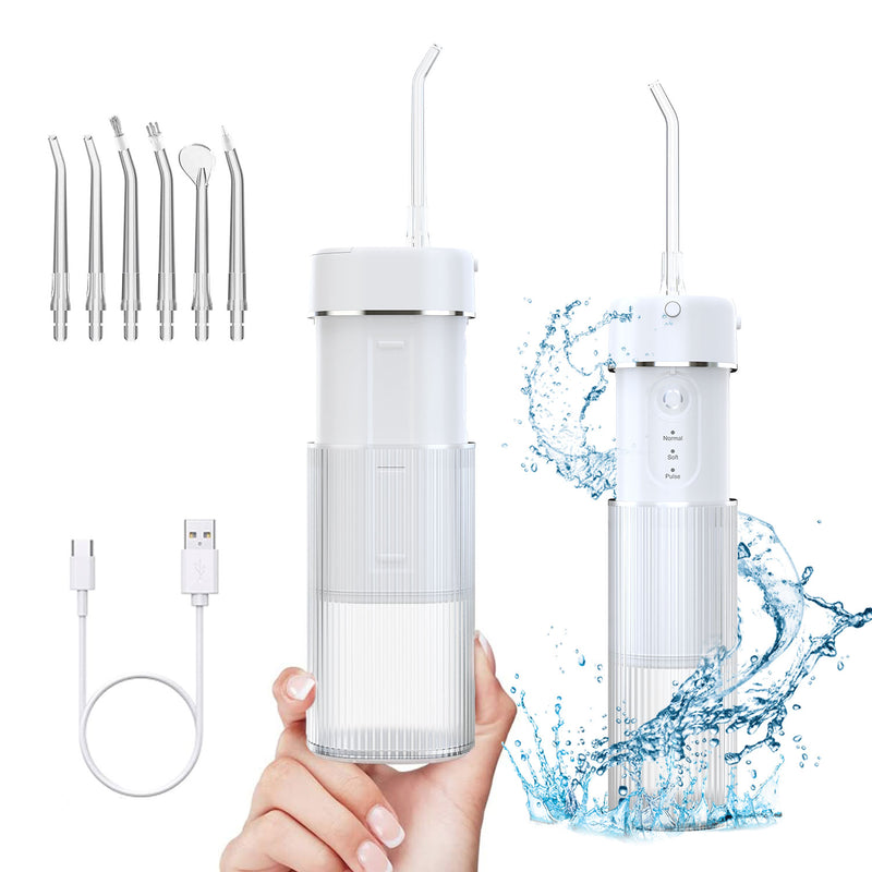 Fairywill Portable Water Flosser, Cordless Oral Irrigator for Teeth Cleaning with 4 Modes 4 Jets, IPX7 Waterproof, Telescopic Water Tank for Kids Adult Braces Care Travel Home Use (White)