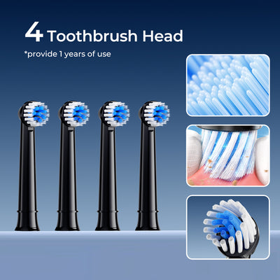 Fairywill Rotating Electric Toothbrush for Adults, Rechargeable Spin Ultrasonic Toothbrush with Plug-in Charging,4 Brush Heads, Black