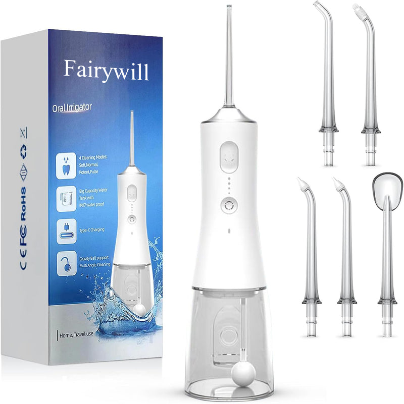 Fairywill Cordless Water Flosser with 5 Jet Tips, Portable Oral Irrigator Teeth Cleaner, Rechargeable Electric Oral Hygiene Flossing for Travel & Home, White