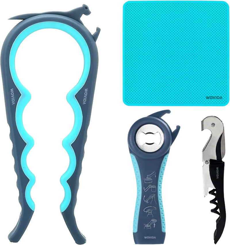 Wovida Latest Jar Opener for Seniors with Arthritis, Weak Hands, 5 in 1 Bottle Opener Tool with Rubber Jar Gripper Pad and Corkscrew Wine Opener