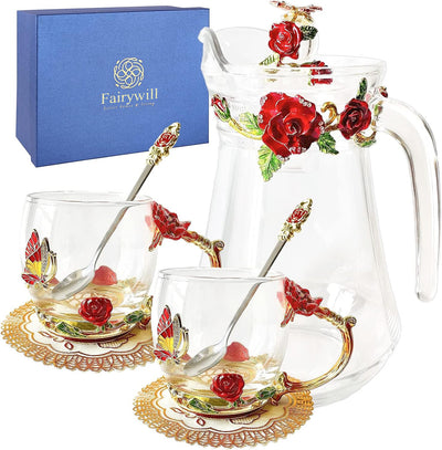 Fairywill Tea Services in the Nature of Tableware, Flower Glass Tea Sets for Women with ２ Spoons, Butterfly Floral Clear Teapot and Cup Sets for Adults