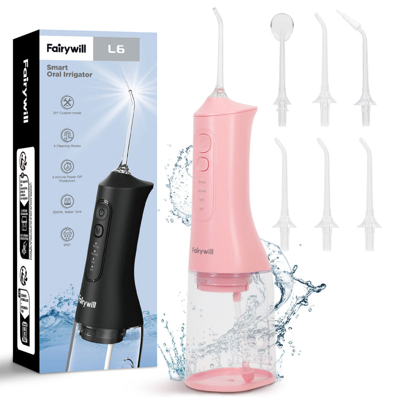 Fairywill Cordless Water Flosser, Dental Oral Irrigator 300ML Electric Teeth Cleaner, 4 Modes, 50 Days Use, IPX7 Waterproof, 6 Tips Rechargeable Water Dental Picks for Teeth Cleaning, Pink