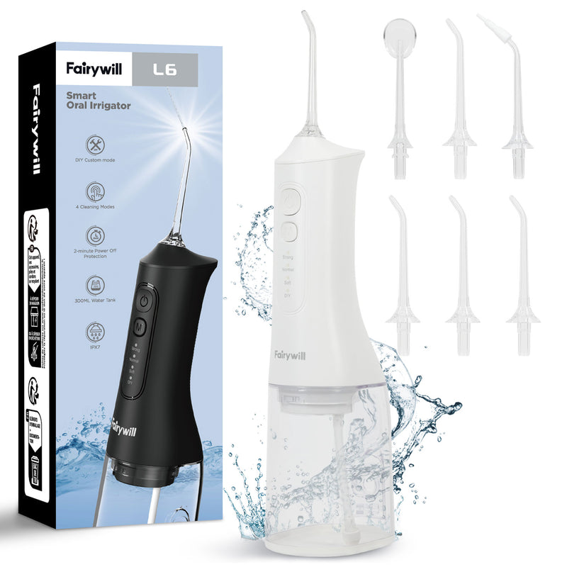 Fairywill Cordless Water Flosser, Dental Oral Irrigator 300ML Electric Teeth Cleaner, 4 Modes, 50 Days Use, IPX7 Waterproof, 6 Tips Rechargeable Water Dental Picks for Teeth Cleaning, White