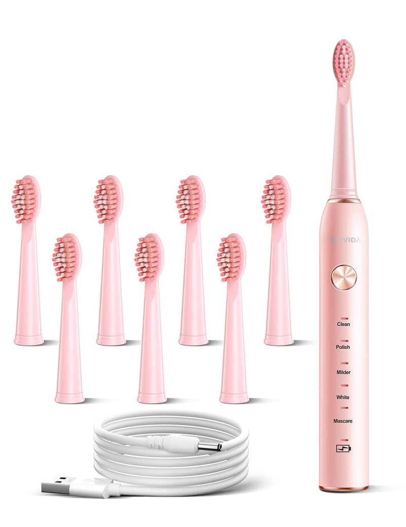 Wovida Electric Toothbrush for Adults, Smart Cleaning and Whitening, 5 Modes Selection 38000VPM Rechargeable, 1 Count, Pink