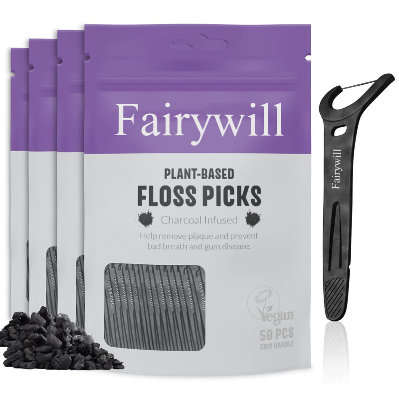 Fairywill Natural Dental Floss Picks (200count) - BPA Free, Vegan, Sustainable Flossers for Eco-Friendly Teeth Cleaning- Pack of 4 (200 Count Mint, Charcoal)
