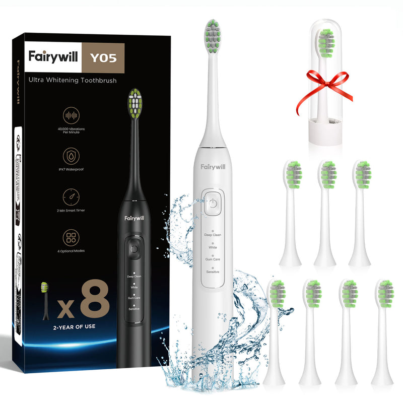 Fairywill Ultrasonic Electric Toothbrush,42000HZ/min Vibrations 8pcs Rechargeable Heads for Adults,4h Full Charge for 100Days,2min Build in Smart Timer, White