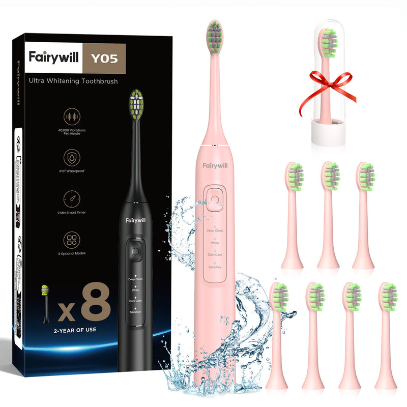 Fairywill Ultrasonic Electric Toothbrush,42000HZ/min Vibrations 8pcs Rechargeable Heads for Adults,4h Full Charge for 100Days,2min Build in Smart Timer, Pink