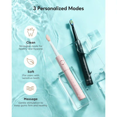 Fairywill Dual Ultrasonic Electric Toothbrushes with 5 Modes, Ultra Powerful Rechargeable Sonic Toothbrushes with 40000 VPM, 10 Brush Heads, Smart Timer, 2H Fast Charge for 30 Days, Black & Pink