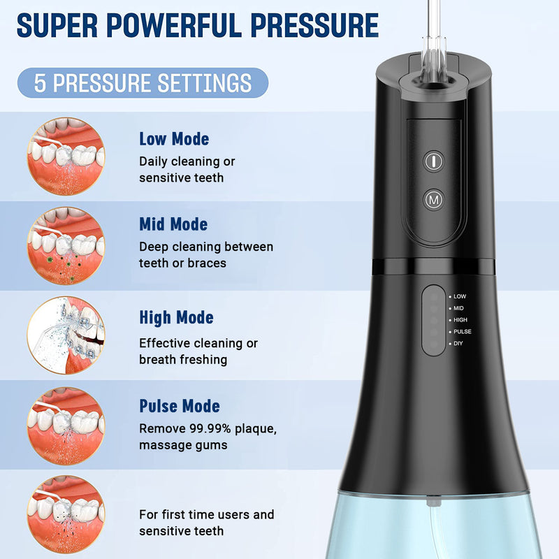 Fairywill Water Flosser for Teeth, Dental Oral Irrigator Teeth Cleaner with 5 Adjustable Modes, 400ML Water Tank, IPX8 Waterproof, Cordless Quiet Professional Electric Flosser for Braces Care, Blue