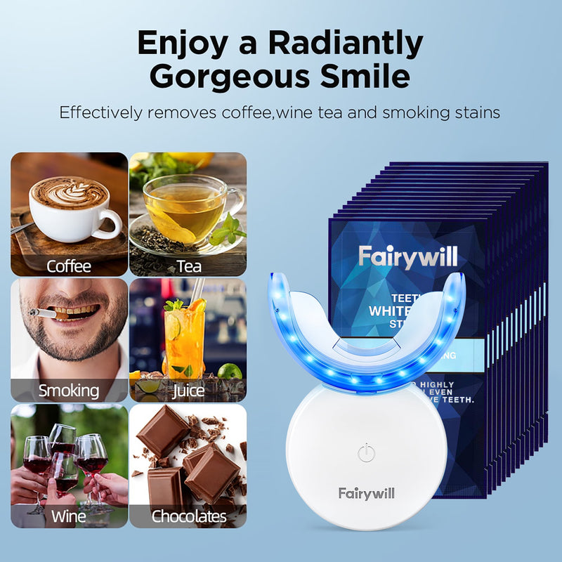 Fairywill Teeth Whitening Strip Kits, 16Min Rapid White Rechargeable Teeth Whitener Case,24pcs LED Blue Light and 28 White Strips for Sensitive Teeth