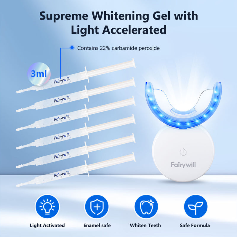 Fairywill Teeth Whitening Kit,24 Blue LED Light with 6*3ml 22% Carbamide Peroxide Teeth Whiten Gel, Built-in timer Gentle and Non-irritating Whiter, Suitable for Beginners or Sensitive Teeth