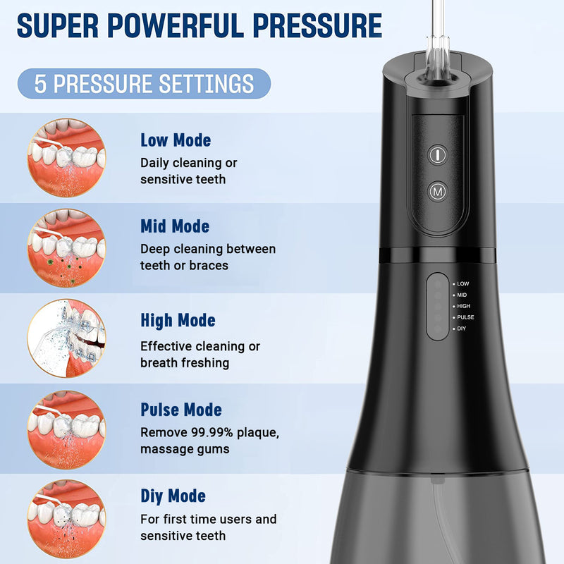 Fairywill Water Flosser for Teeth, Dental Oral Irrigator Teeth Cleaner with 5 Adjustable Modes, 400ML Water Tank, IPX8 Waterproof, Cordless Quiet Professional Electric Flosser for Braces Care, Black