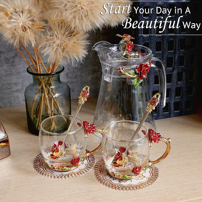Fairywill Tea Services in the Nature of Tableware, Flower Glass Tea Sets for Women with ２ Spoons, Butterfly Floral Clear Teapot and Cup Sets for Adults