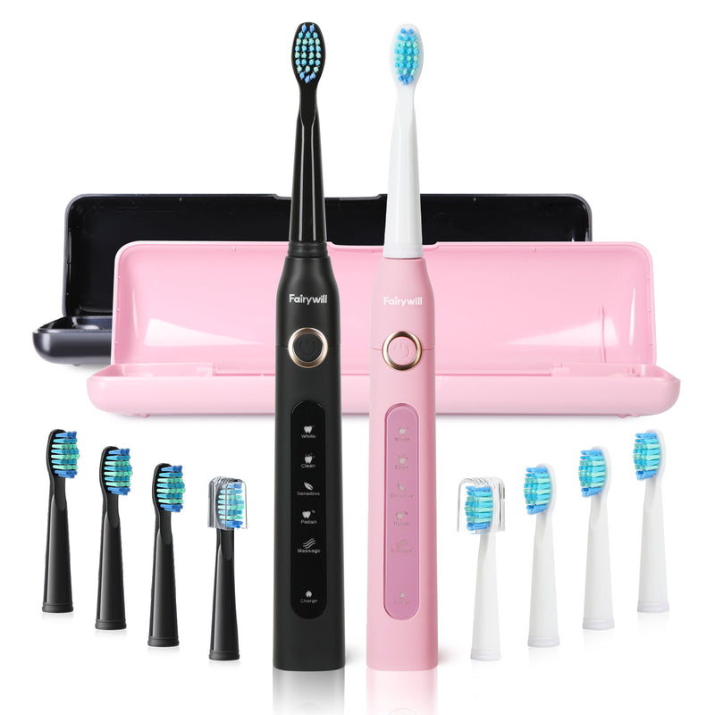 Fairywill 2Packs Electric Toothbrush for Adult,Sonic Toothbrushs Set with 2 Travel Case 5 Modes 8 Replaceable Heads 2 Minutes Smart Timer IPX7 Waterproof,Black & Pink