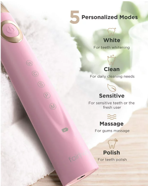 Fairywill Electric Toothbrush Rechargeable USB Charge Waterproof 8 Brushes Replacement Heads for Adults and Teen, Pink