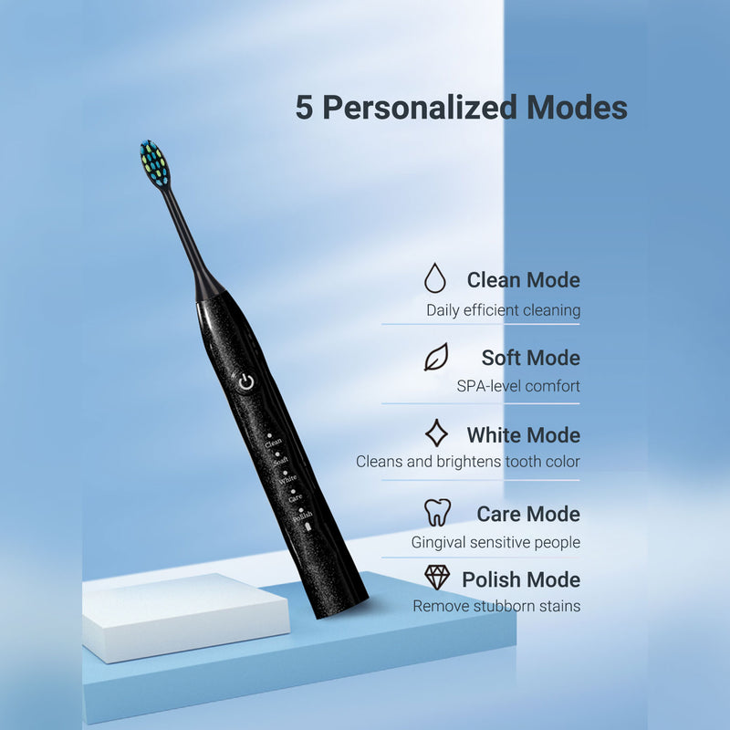 Fairywill Ultrasonic Electric Toothbrushes, Rechargeable Toothbrush for Adults and Kids, Travel Toothbrush with 5 Modes, 4H Charge for 30 Days Use, 5 Heads and 2 Minutes Build in Smart Timer, Black