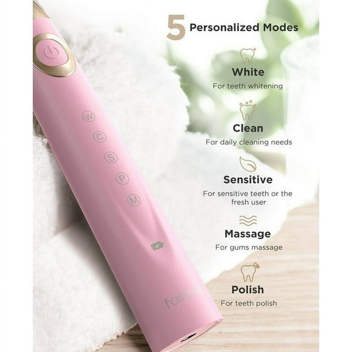 Fairywill Sonic Electric Toothbrush Rechargeable, 5 Modes with Smart Timer, 30 Days Battery Life for Adults Cleaning, Pink