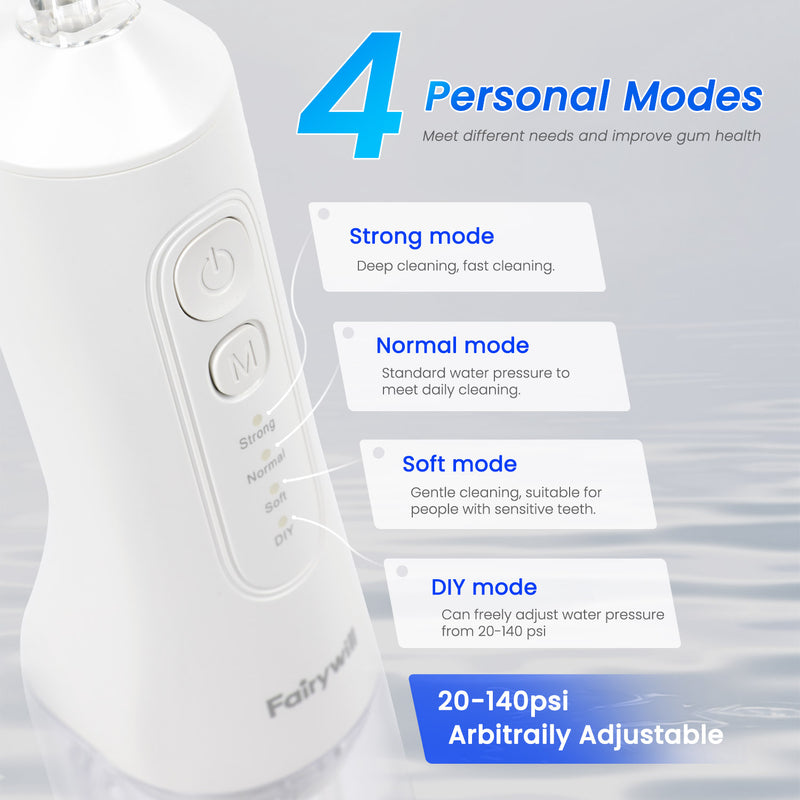 Fairywill Cordless Water Flosser, Dental Oral Irrigator 300ML Electric Teeth Cleaner, 4 Modes, 50 Days Use, IPX7 Waterproof, 6 Tips Rechargeable Water Dental Picks for Teeth Cleaning, White