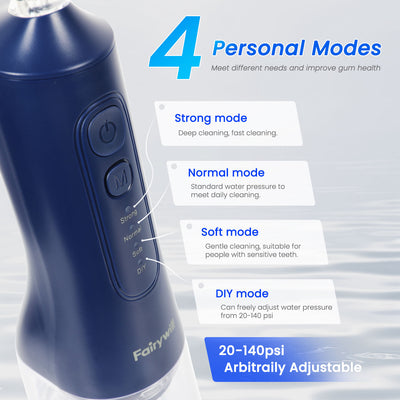 Fairywill Cordless Water Flosser, Dental Oral Irrigator 300ML Electric Teeth Cleaner, 4 Modes, 50 Days Use, IPX7 Waterproof, 6 Tips Rechargeable Water Dental Picks for Teeth Cleaning, Blue
