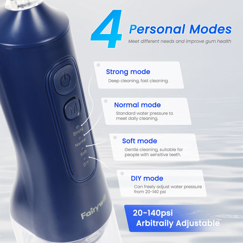 Fairywill Cordless Water Flosser, Dental Oral Irrigator 300ML Electric Teeth Cleaner, 4 Modes, 50 Days Use, IPX7 Waterproof, 6 Tips Rechargeable Water Dental Picks for Teeth Cleaning, Blue