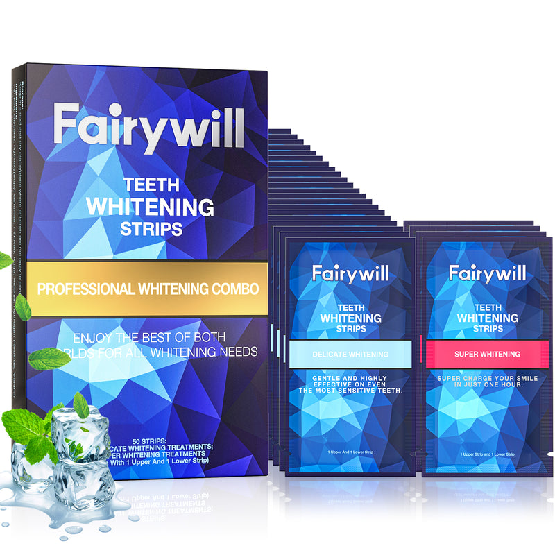 Fairywill Teeth Whitening Strip Kits,21 Sensitive and 4 Super Whitenings, 50pcs Strips Available 25Treatments,Effective Removes Stains, Non-Slip Whiter Gentle and Safe