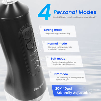 Fairywill Cordless Water Flosser, Dental Oral Irrigator 300ML Electric Teeth Cleaner, 4 Modes, 50 Days Use, IPX7 Waterproof, 6 Tips Rechargeable Water Dental Picks for Teeth Cleaning, Black