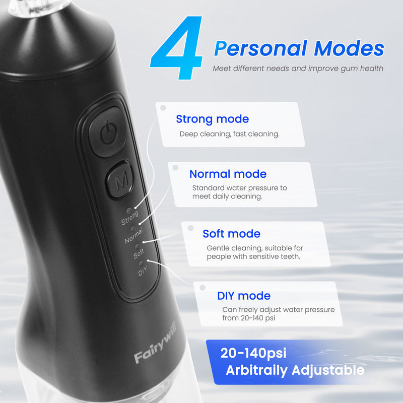 Fairywill Cordless Water Flosser, Dental Oral Irrigator 300ML Electric Teeth Cleaner, 4 Modes, 50 Days Use, IPX7 Waterproof, 6 Tips Rechargeable Water Dental Picks for Teeth Cleaning, Black