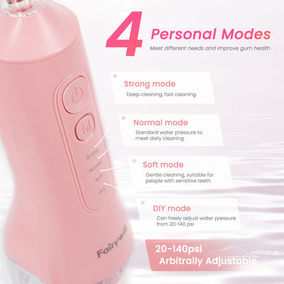 Fairywill Cordless Water Flosser, Dental Oral Irrigator 300ML Electric Teeth Cleaner, 4 Modes, 50 Days Use, IPX7 Waterproof, 6 Tips Rechargeable Water Dental Picks for Teeth Cleaning, Pink
