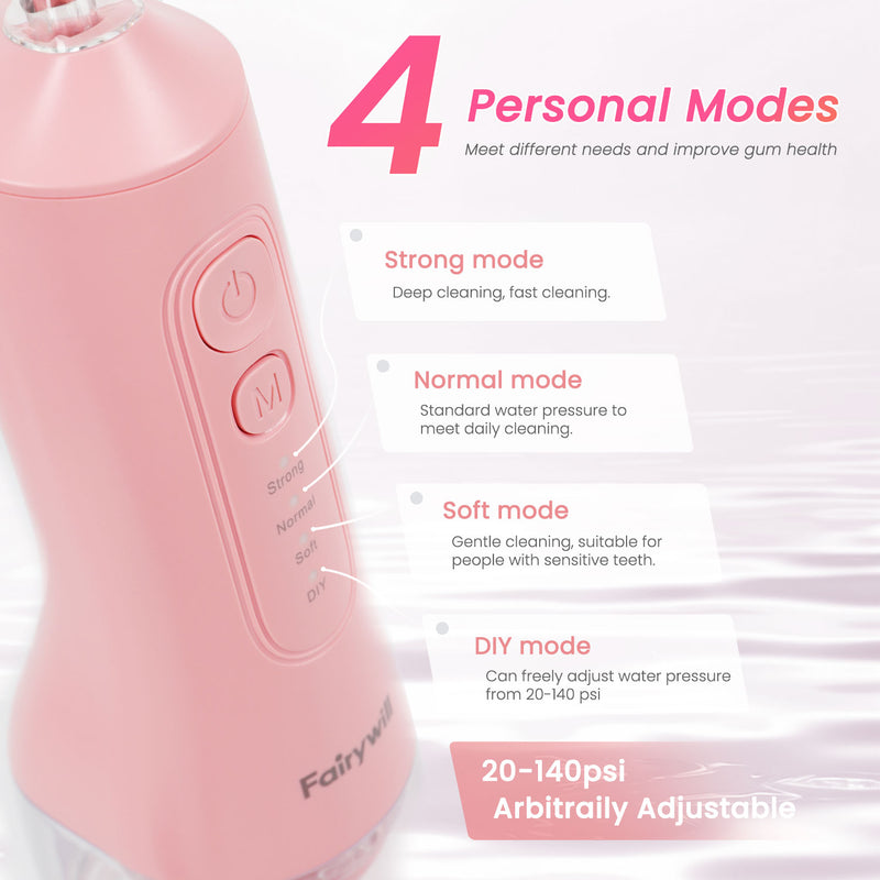 Fairywill Cordless Water Flosser, Dental Oral Irrigator 300ML Electric Teeth Cleaner, 4 Modes, 50 Days Use, IPX7 Waterproof, 6 Tips Rechargeable Water Dental Picks for Teeth Cleaning, Pink